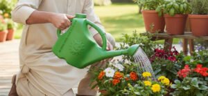 using a green plastic watering can flower 5l to water potted flowers and herbs.