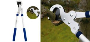 A Spear & Jackson Lopper 8160RS Razorsharp 26" heavy duty anvil lopper with blue and white aluminum handles. It features a PTFE-coated serrated anvil blade for cutting dead or woody branches up to 45mm thick.